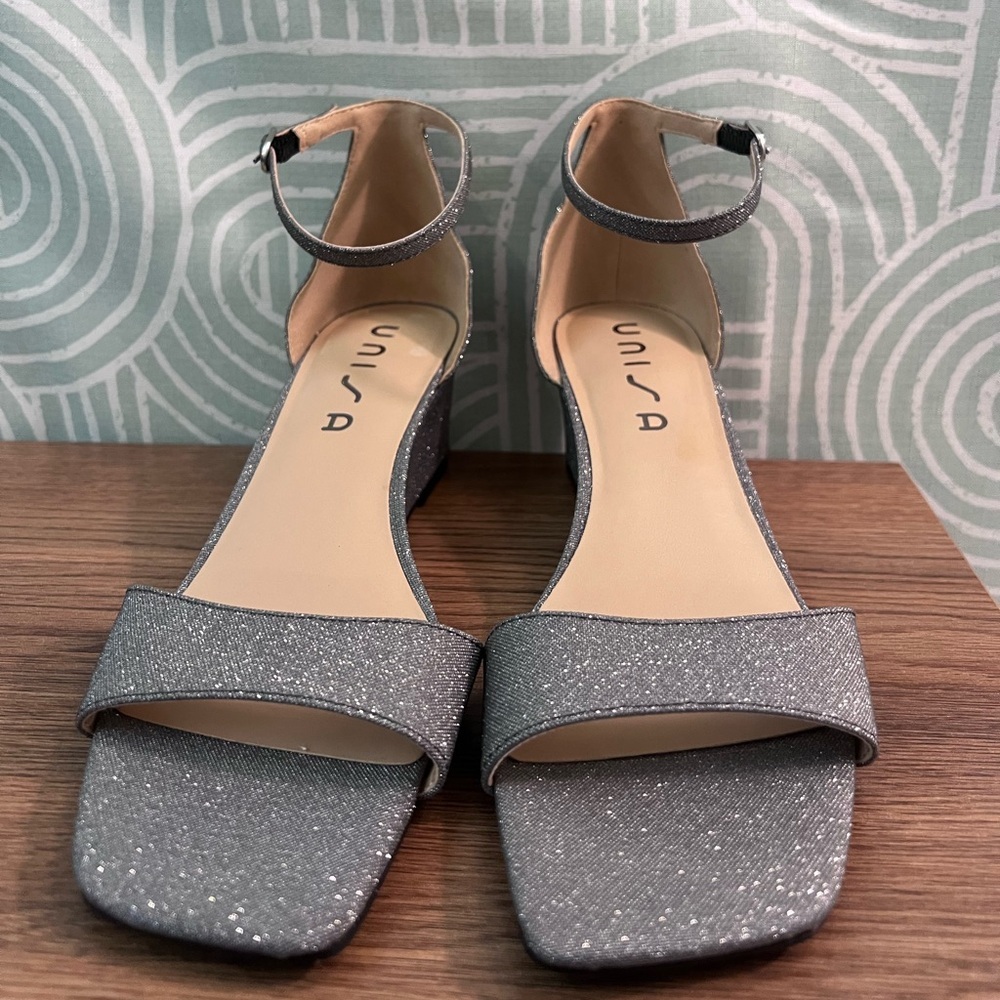 Unisa Glitter Wedge Sandals Ankle Strap Silver Size 9 1/2 M